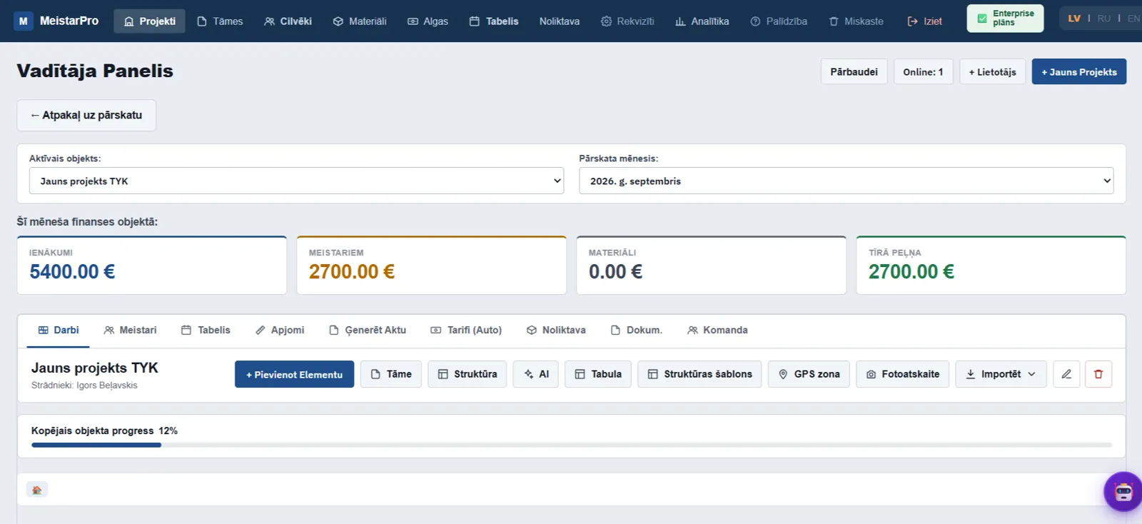 MeistarPro manager dashboard — project with finances and actions