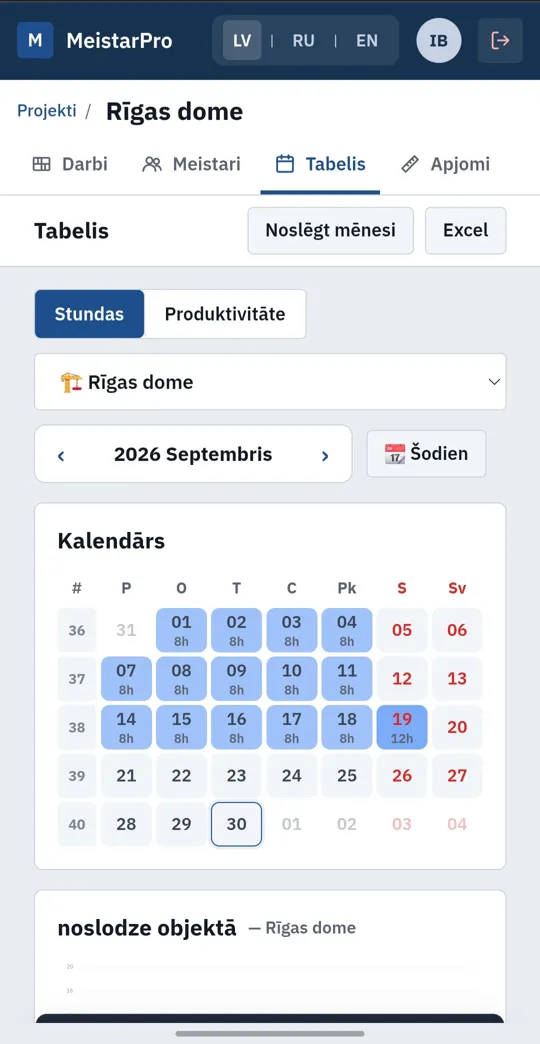 Timesheet — monthly calendar with hours per day